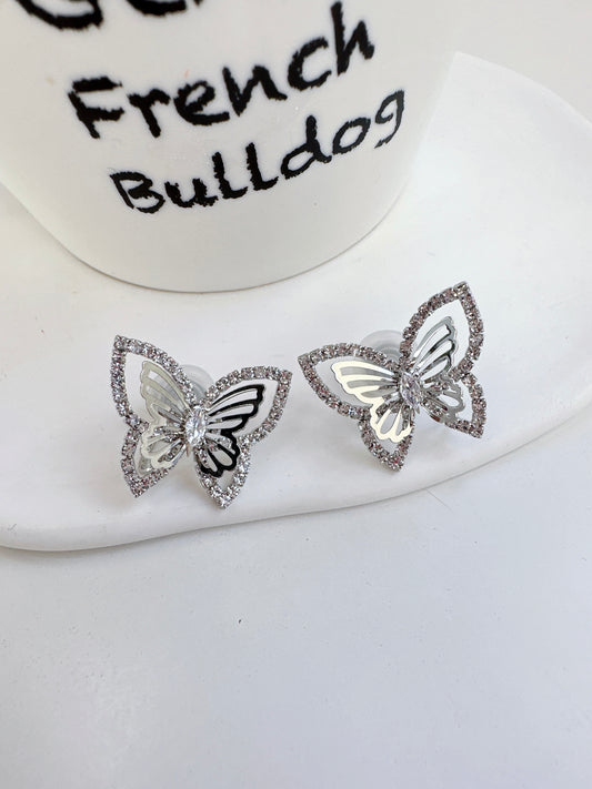 Silver Zircon Layered Butterfly Clip On Earrings