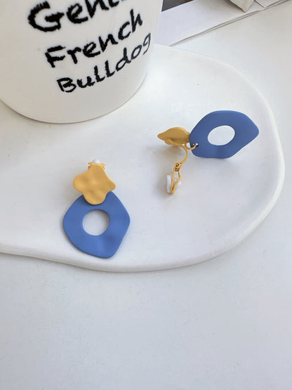 Yellow and Blue Metal Clip On Earrings