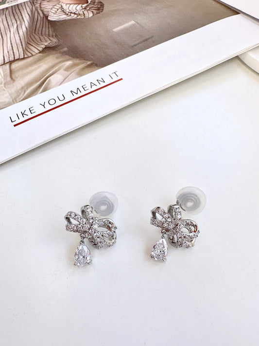 Silver Bow Zircon Drop Clip On Earrings