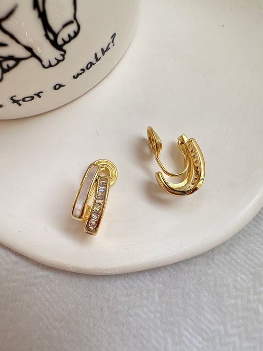 Golden Nacre with Zircon Clip On Earrings