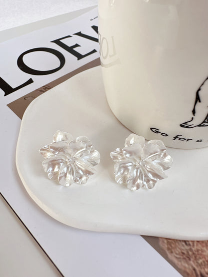 Pearlescent White Camellia Clip On Earrings