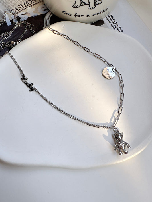 Titanium Steel Silver Bear GoodLuck Pendant Necklace