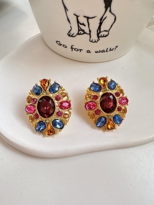Vintage Pink and Blue Diamante Stud Earrings