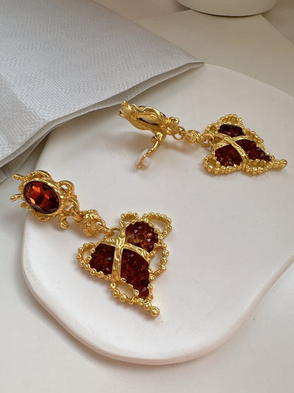 Vintage Tawny Crystal Heart Clip On Earrings