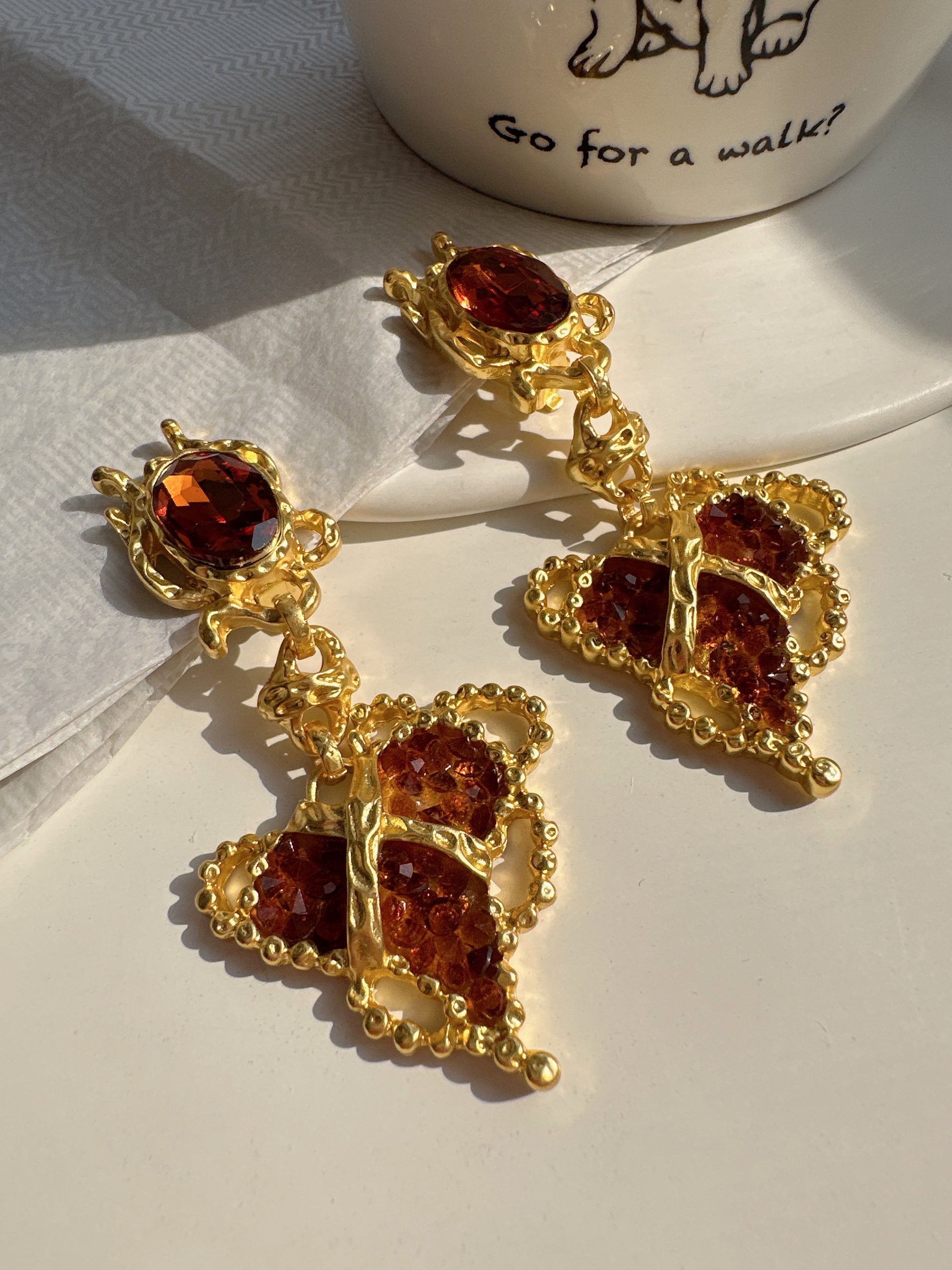 Vintage Tawny Crystal Heart Clip On Earrings