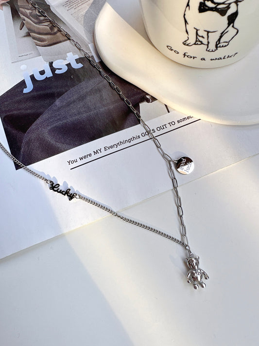 Titanium Steel Silver Bear GoodLuck Pendant Necklace