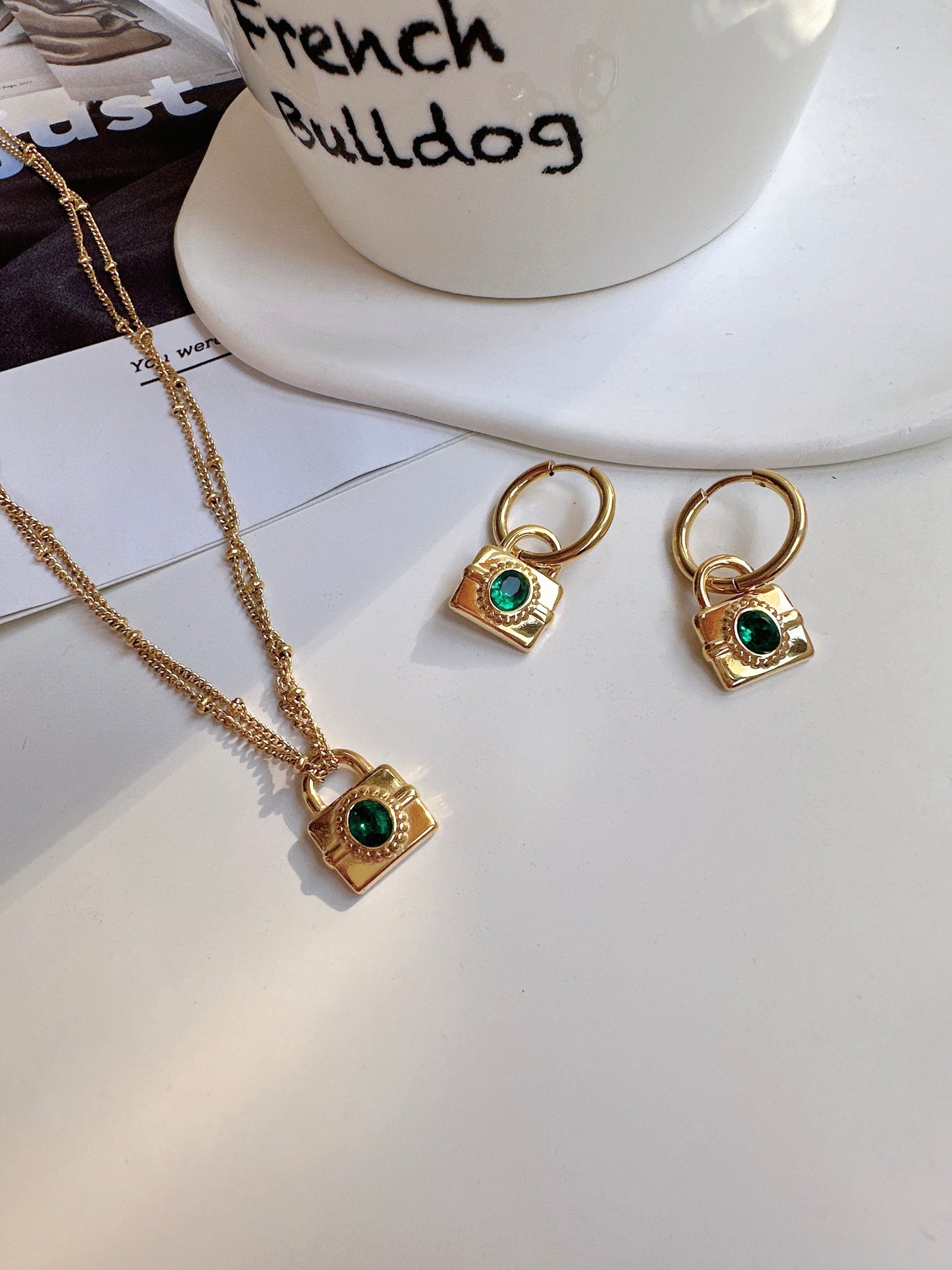 Titanium Steel Golden Lock with Green Zircon Hoop Earrings