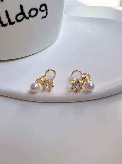 Zircon Star and Pearl Clip On Earrings