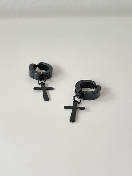 Men's Stainless Steel Black Cross Clip On Hoop Earrings