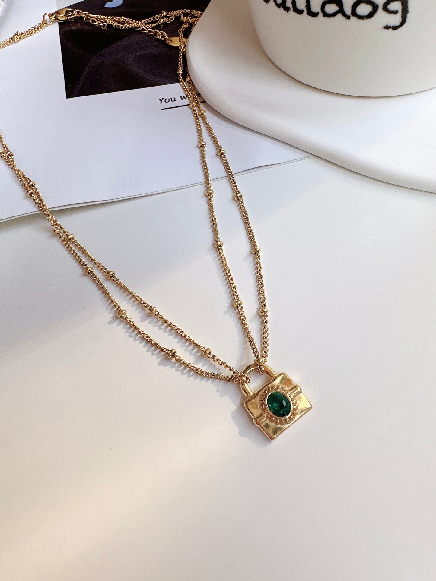 Titanium Steel Golden Lock with Green Zircon Necklace