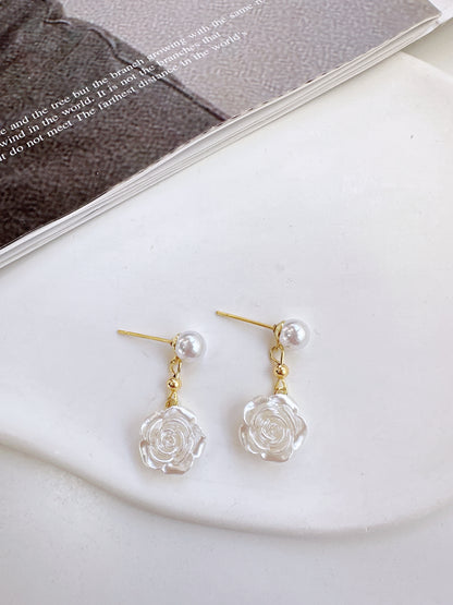 Pearlised White Camellia Drop Earrings