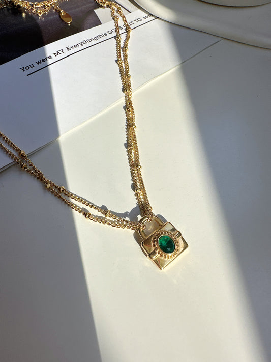 Titanium Steel Golden Lock with Green Zircon Necklace