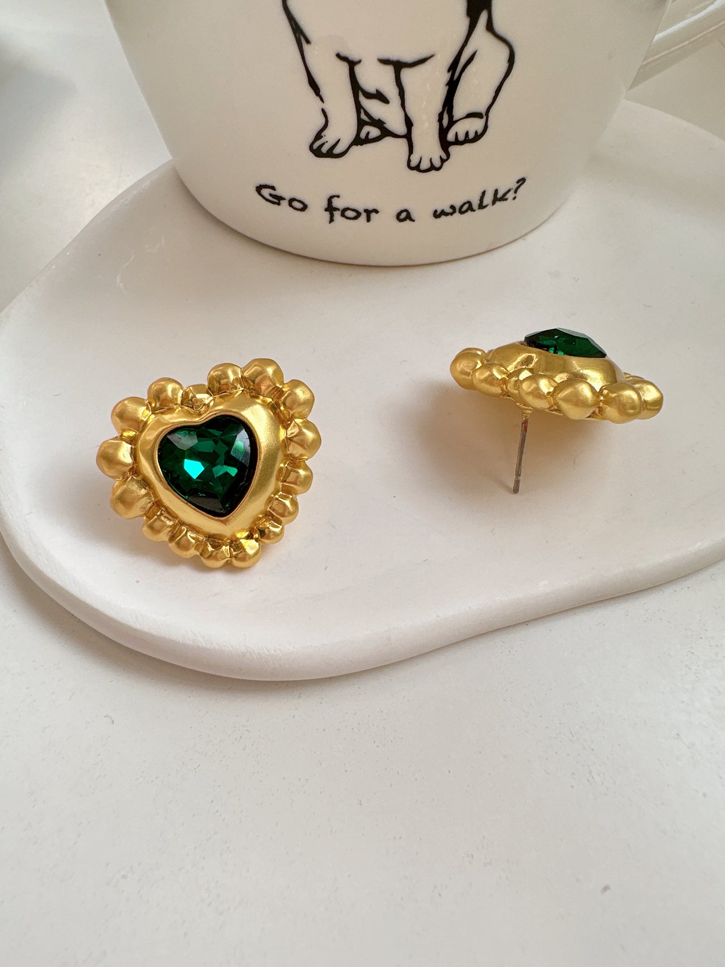 Vintage Green Crystal Golden Heart Stud Earrings