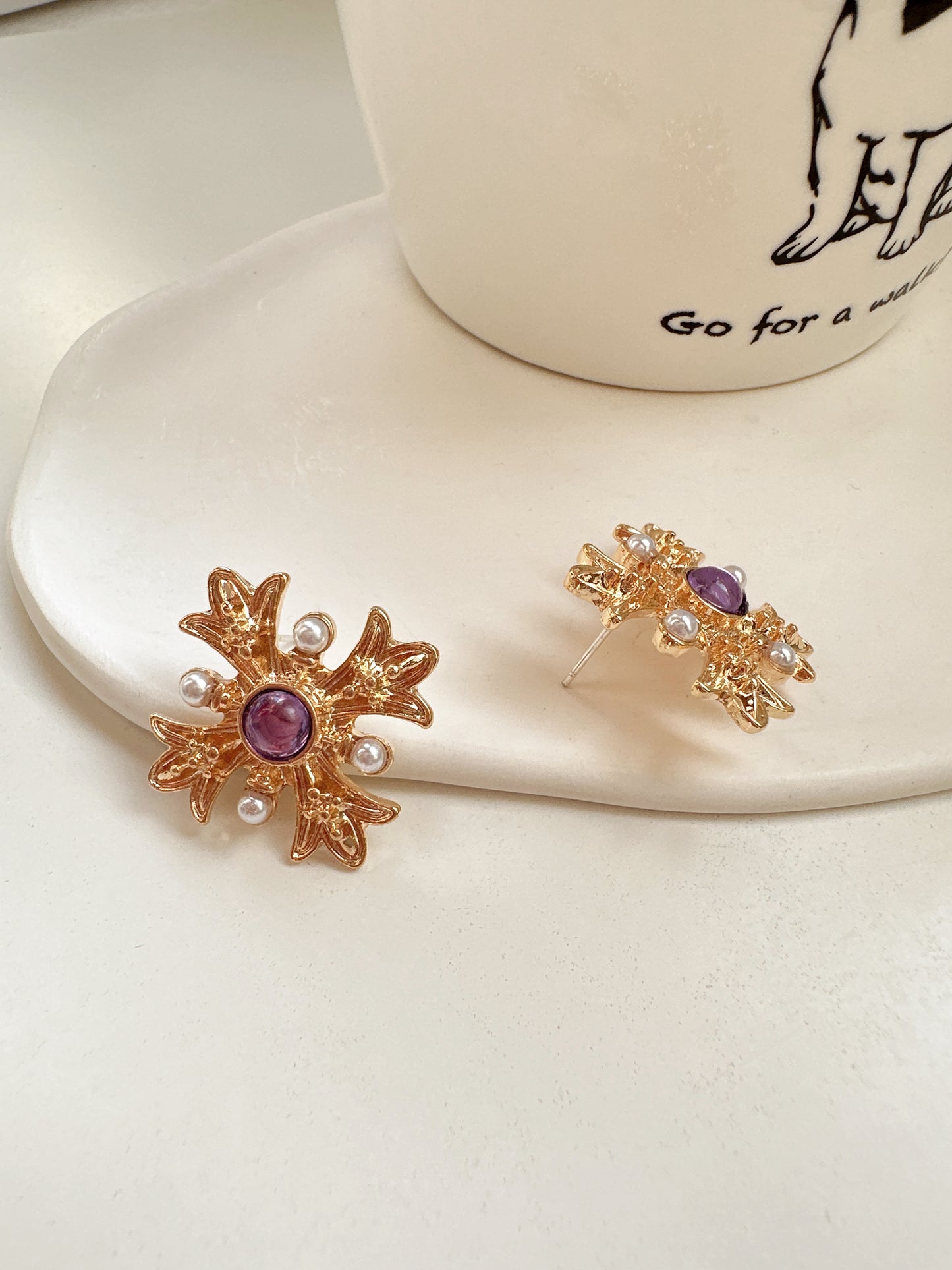 Vintage Purple Diamante Golden Cross Stud Earrings