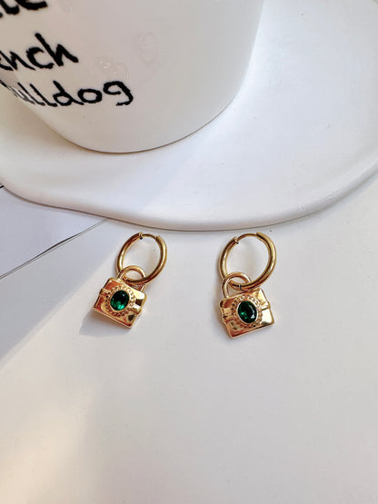 Titanium Steel Golden Lock with Green Zircon Hoop Earrings