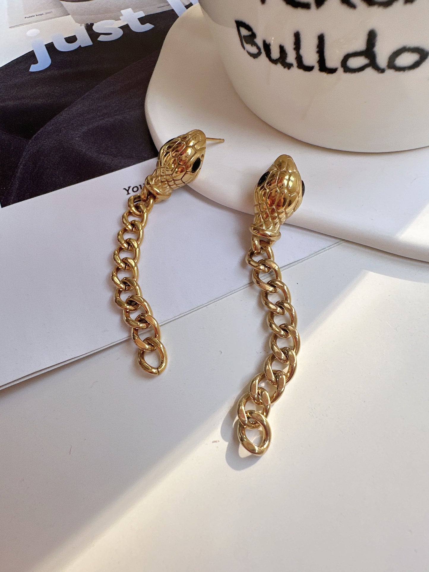 Titanium Steel Golden Black Zircon Snake Chain Earrings