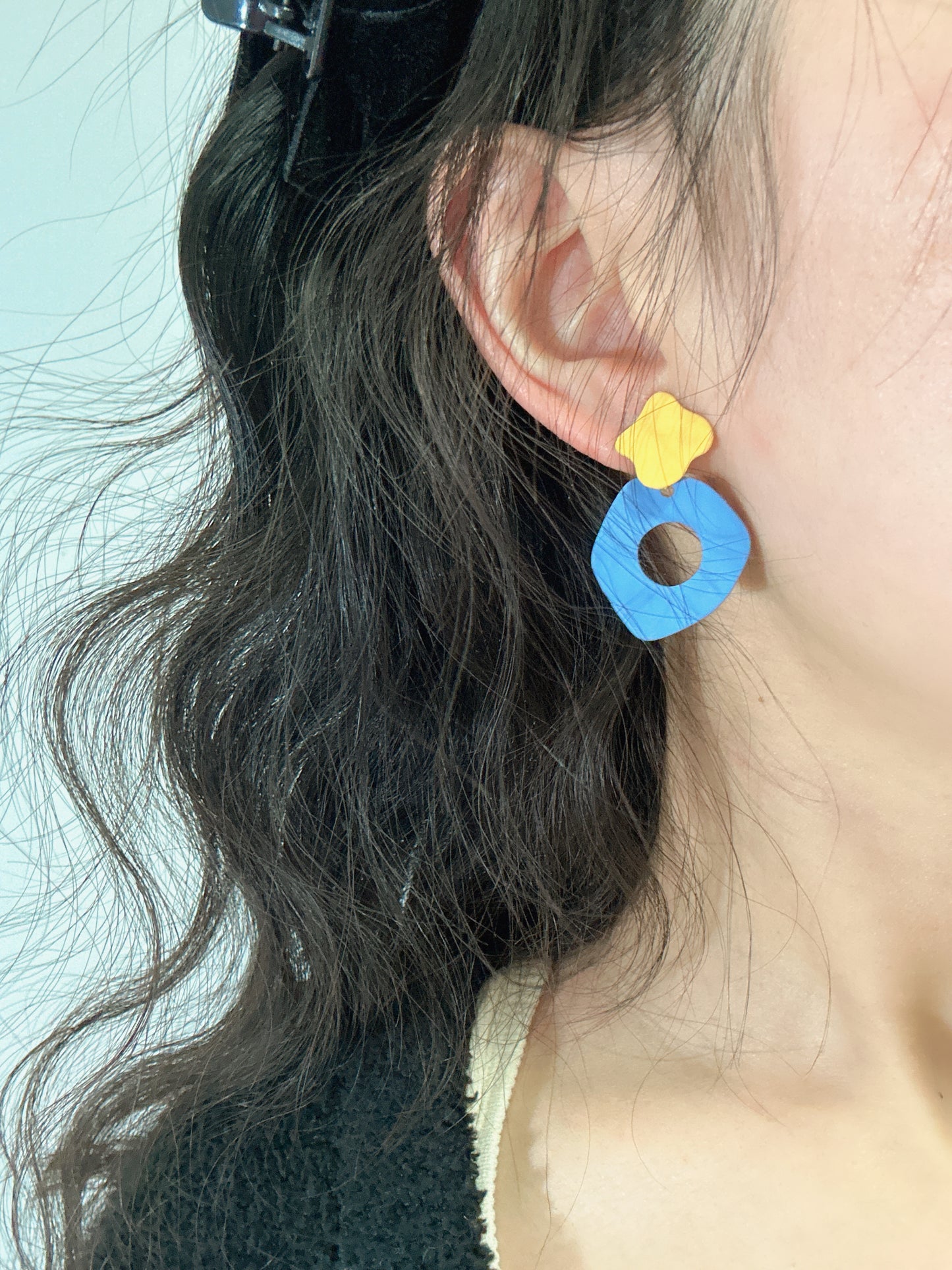 Yellow and Blue Metal Clip On Earrings