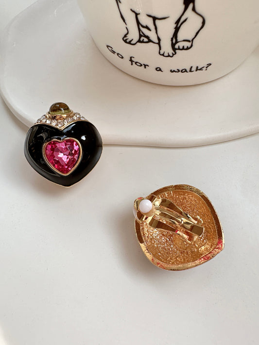 Vintage Pink Crystal Black Heart Clip On Earrings