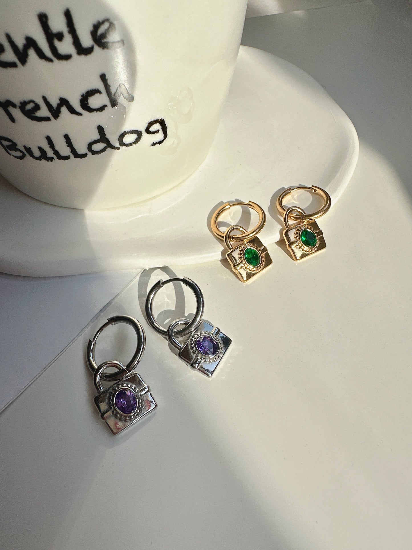 Titanium Steel Golden Lock with Green Zircon Hoop Earrings