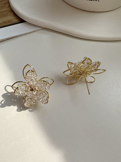 Golden Beaded Flower Stud Earrings