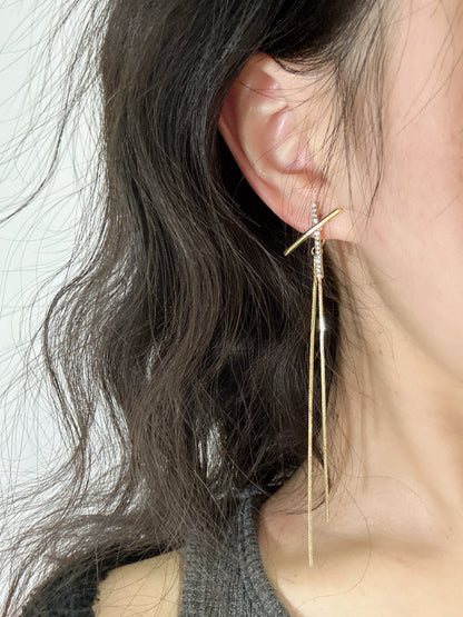 Golden X Shape Long Tassel Clip On Earrings