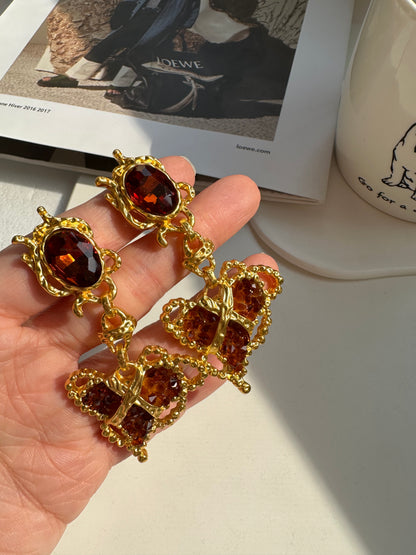 Vintage Tawny Crystal Heart Clip On Earrings