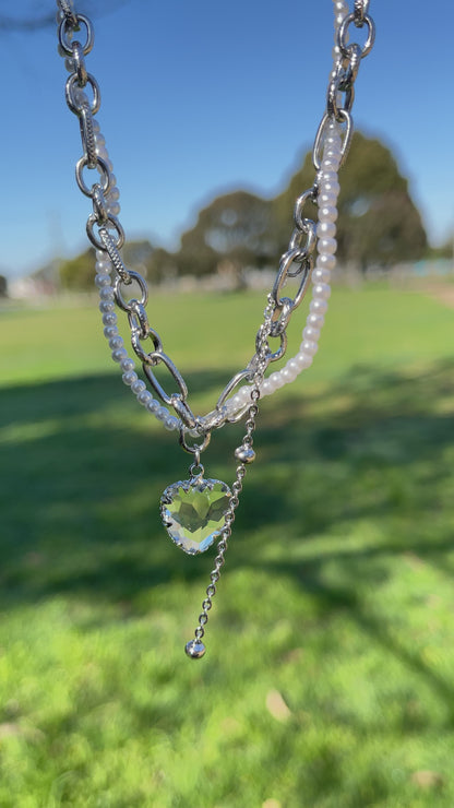 Crystal Heart Pearlised and Chain Tassel Necklace