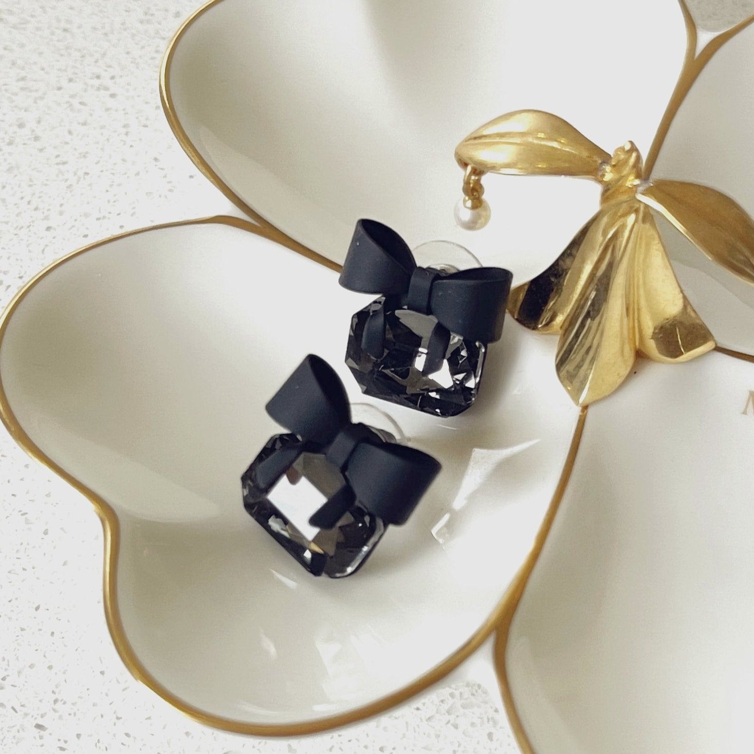 Black Crystal Matte Bow Earrings