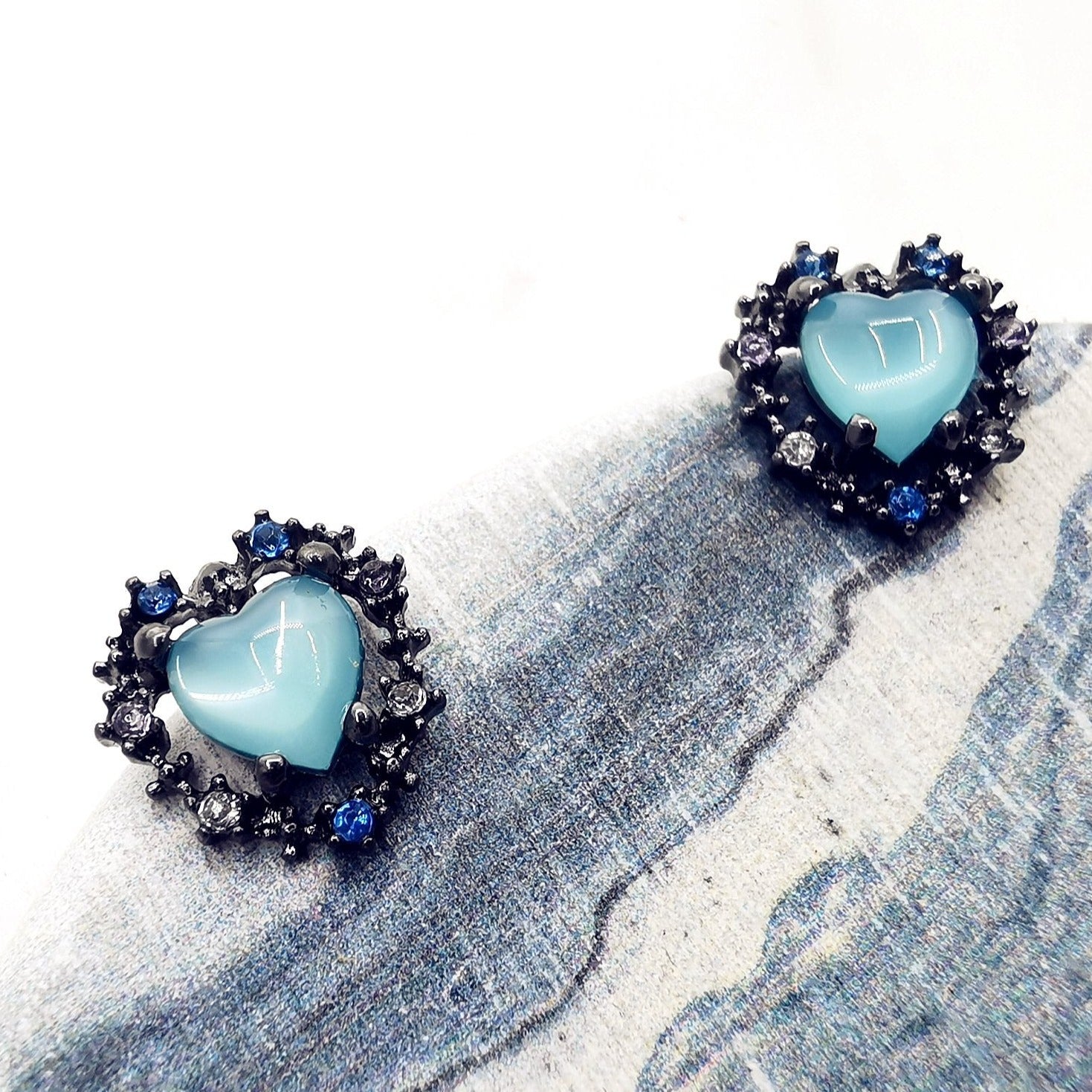 Black Crystal Blue Heart Stud Earrings