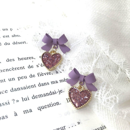 Bow with Heart Drop Earrings Purple