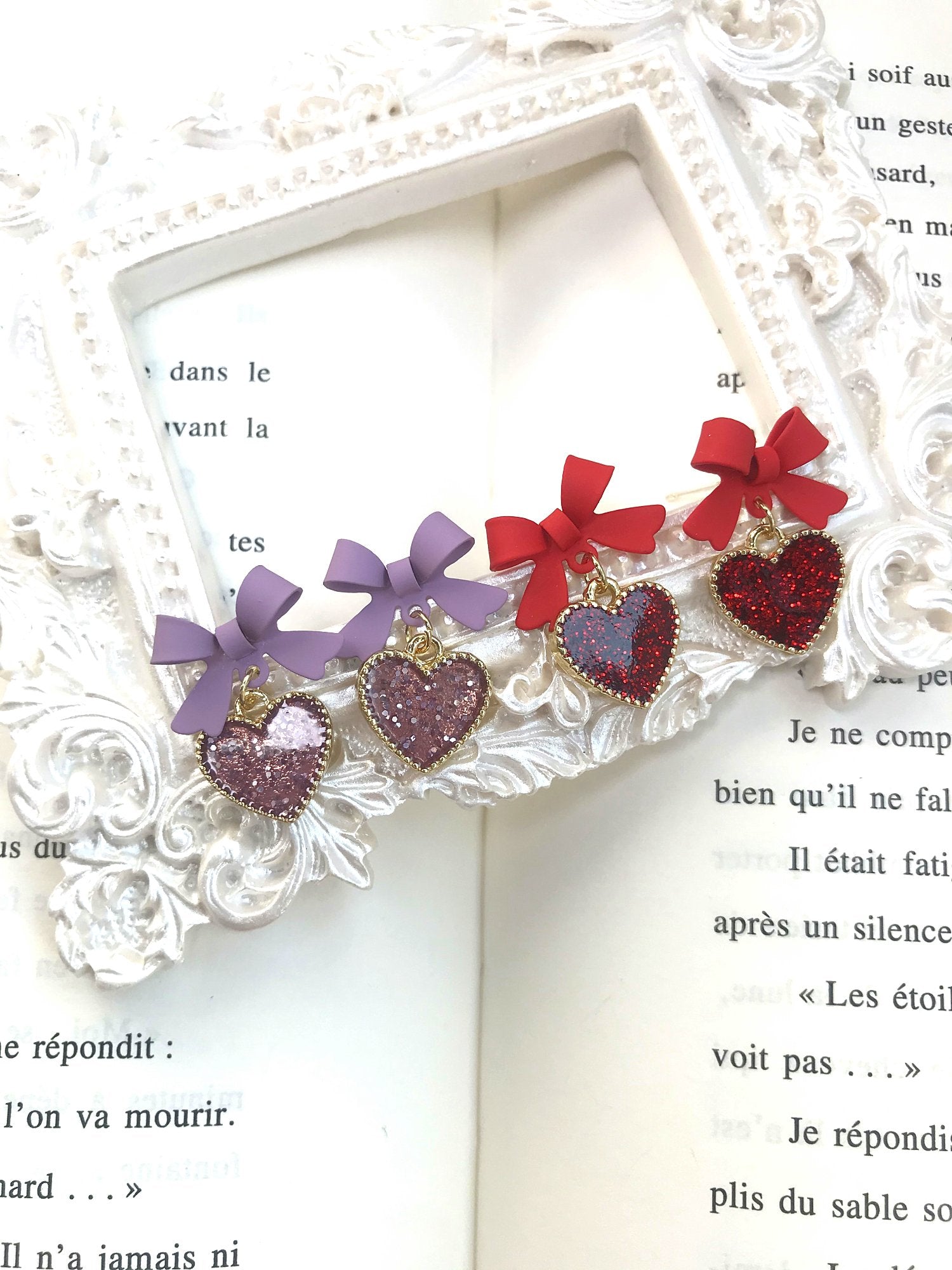 Bow with Heart Drop Earrings Red