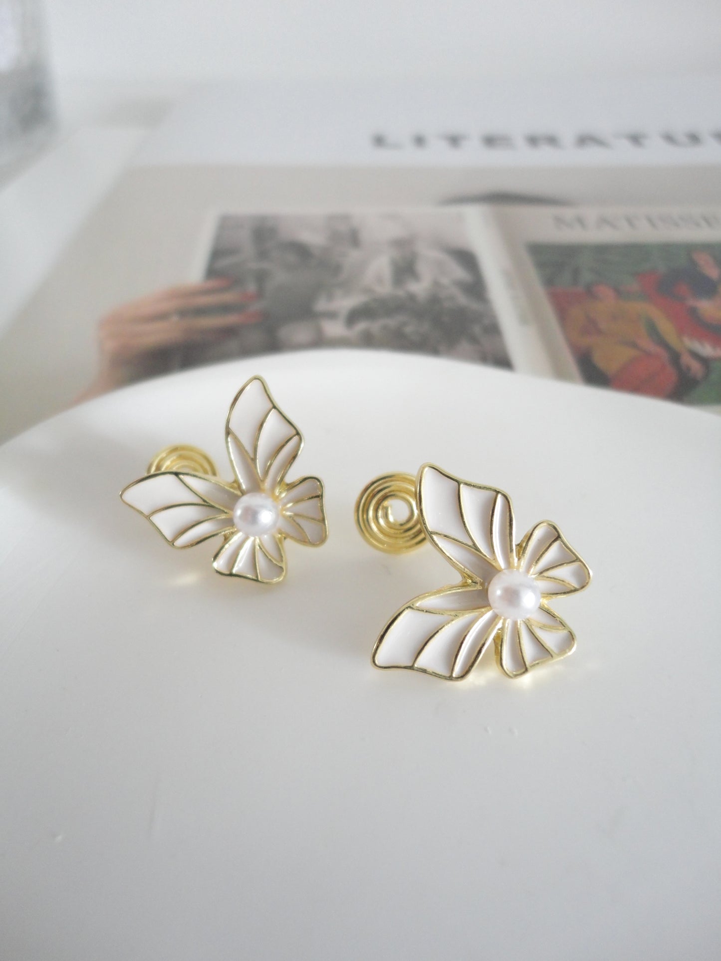 Mini Pearl White Butterfly Clip On Earrings