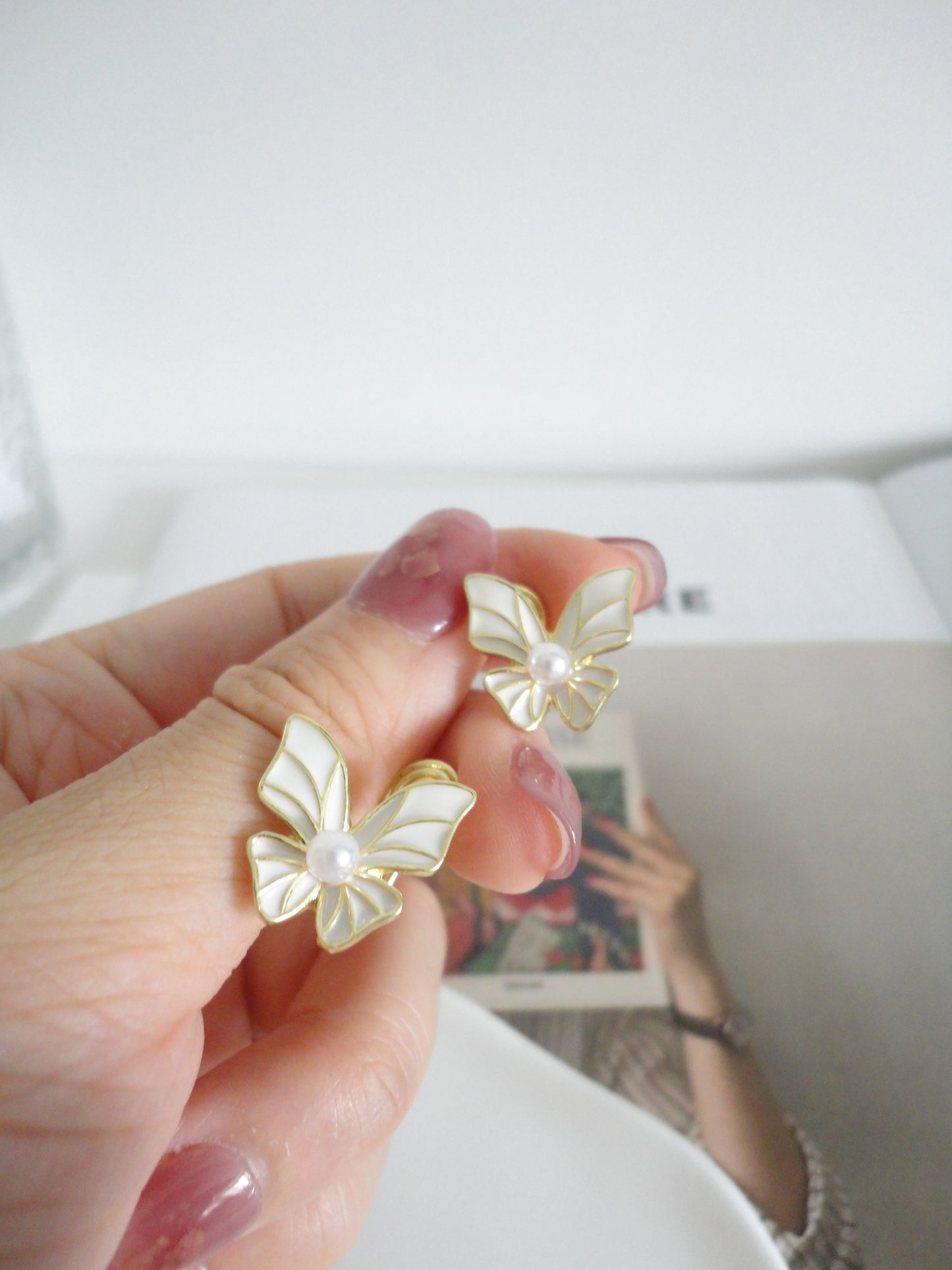 Mini Pearl White Butterfly Clip On Earrings