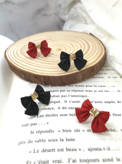 Golden Tied Red Bow Stud Earrings