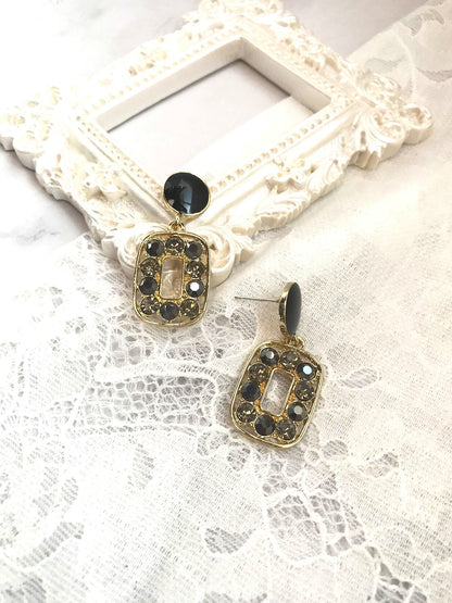 Golden Rectangular Black Diamante Drop Earrings