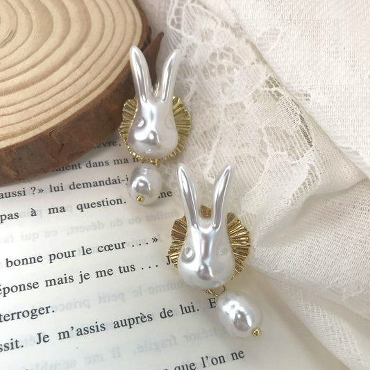 Baroque Pearlised White Rabbit Drop Earrings