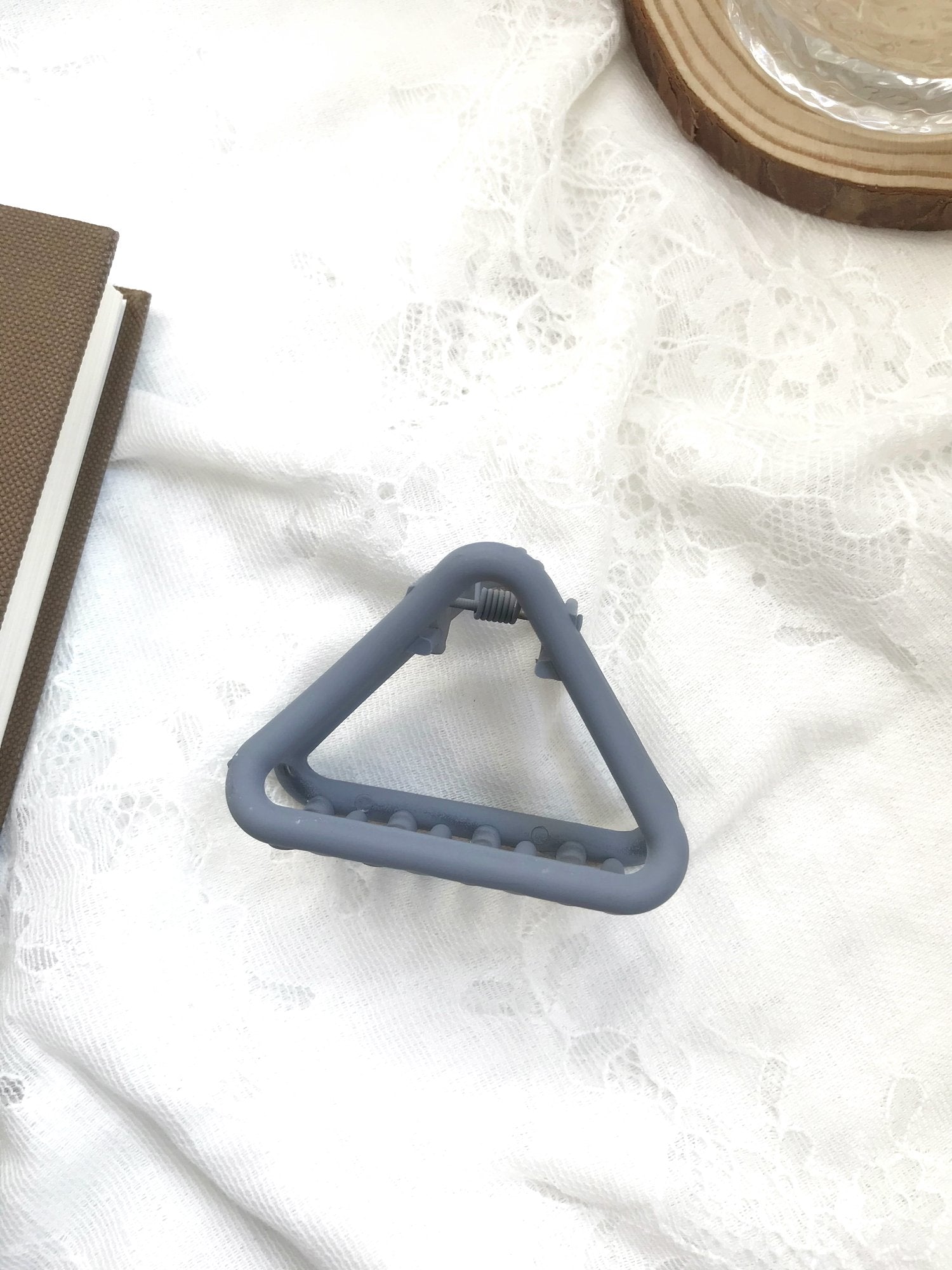 Matte Triangle Hair Claw Clip Slate Blue. Handmade clip-on earrings for women.