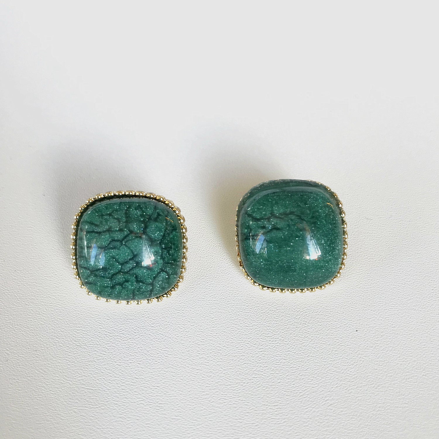Square Classic Vintage Hemispheric Green Stud Earrings