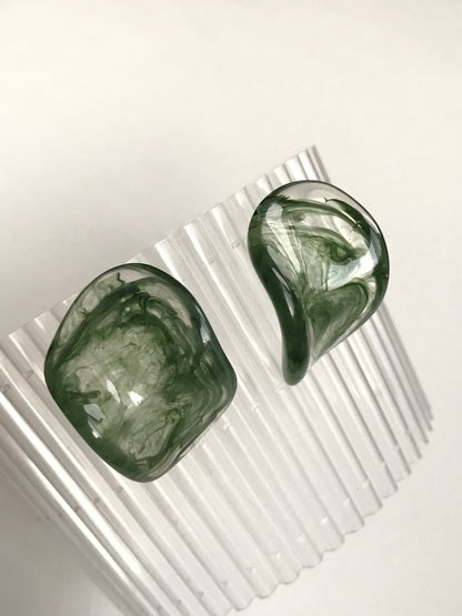 Acrylic Green Jade Look Large Chip Stud Earrings