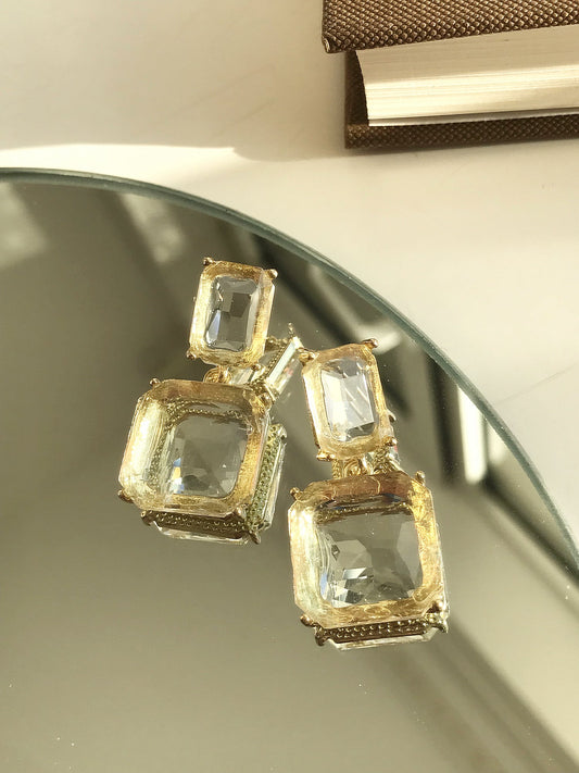 Double Faceted Glass Golden Frame Drop Earrings
