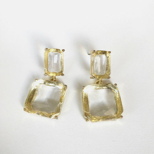 Double Faceted Glass Golden Frame Drop Earrings