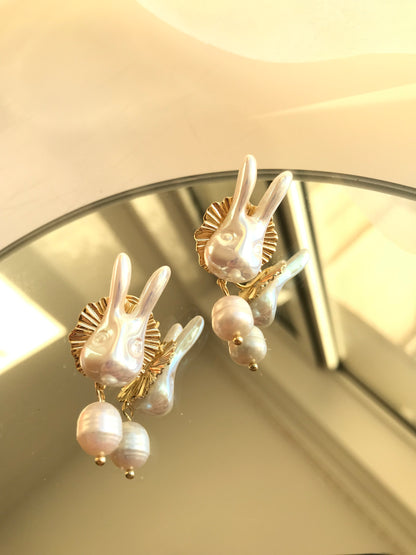 Baroque Freshwater Pearl White Rabbit Drop Clip On Earrings