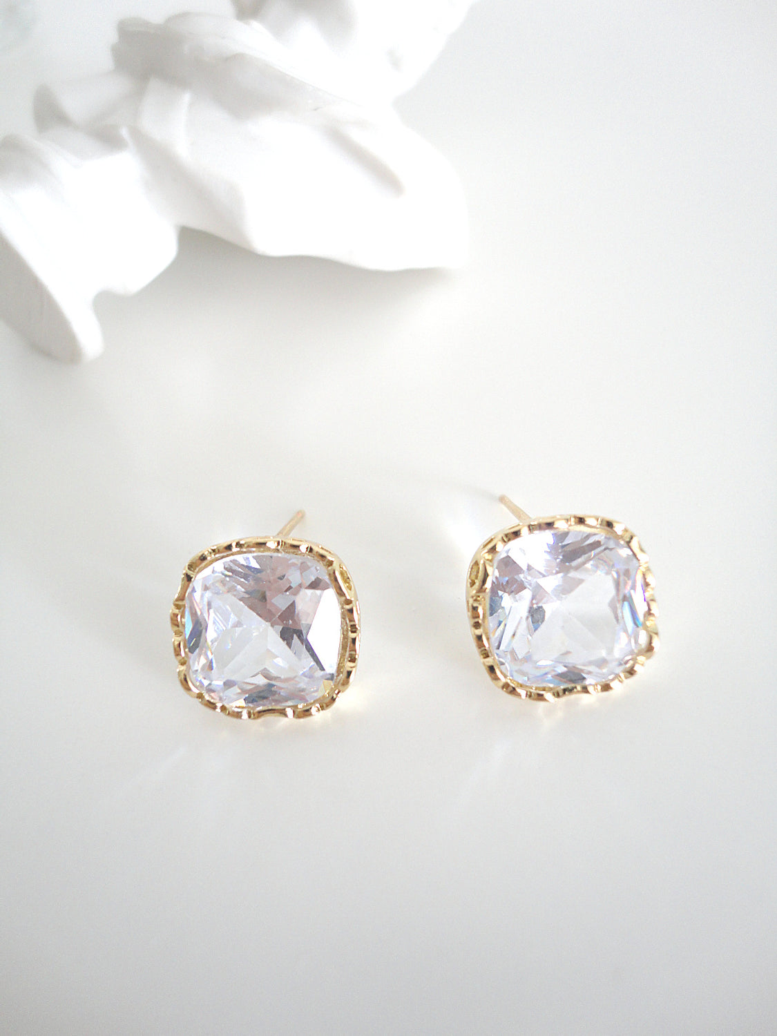 Cube Sugar Clear Zircon Stud Earrings. Handmade clip-on earrings for women.