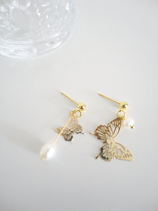 Golden Mismatch Butterfly Pearl Drop Earrings