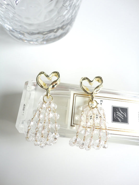 Golden Heart with Crystal Beaded Tassel Drop Earrings