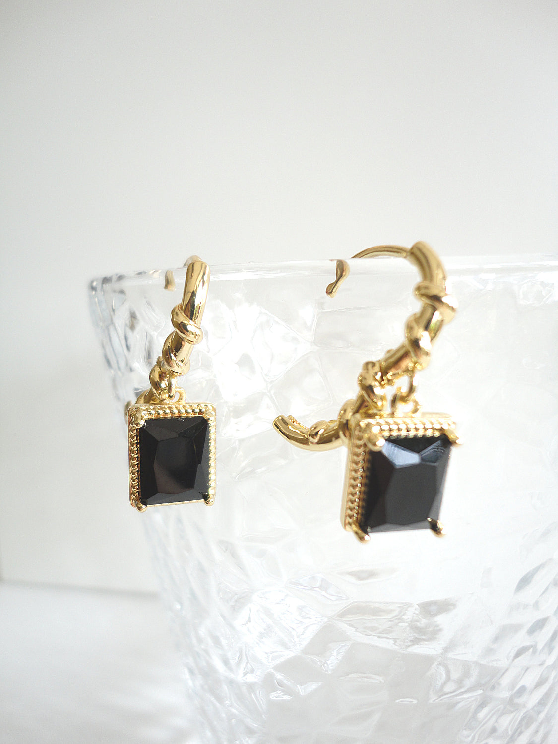 Black Zircon Golden Twist Textured Hoop Earrings