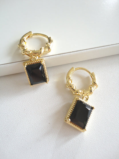 Black Zircon Golden Twist Textured Hoop Earrings