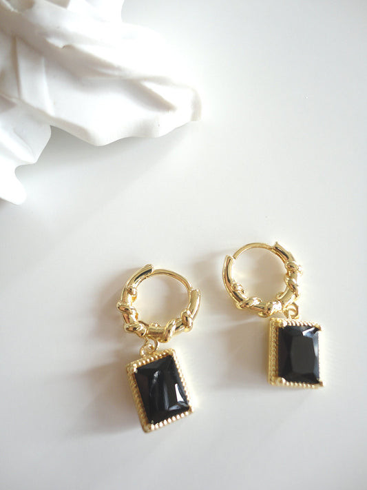 Black Zircon Golden Twist Textured Hoop Earrings