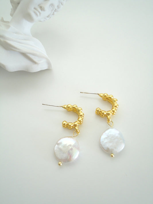Gold Plated Curve with Flat Baroque Freshwater Pearl Stud Earrings