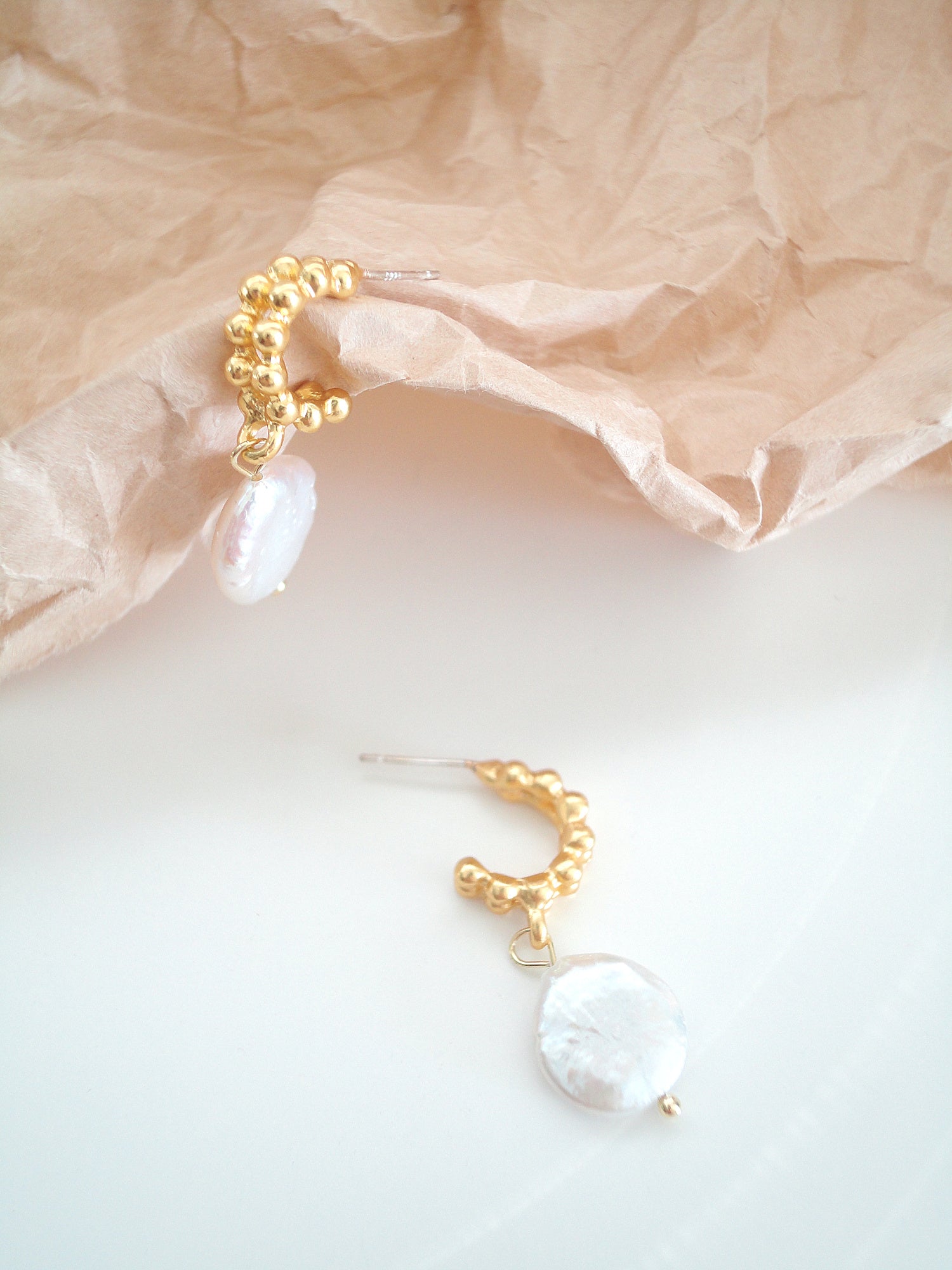 Gold Plated Curve with Flat Baroque Freshwater Pearl Stud Earrings